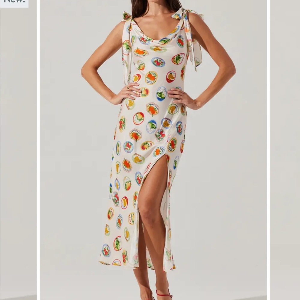 ASTR The Label Allexina Printed Tie Shoulder Midi Dress Fruit Cocktail Sz Small